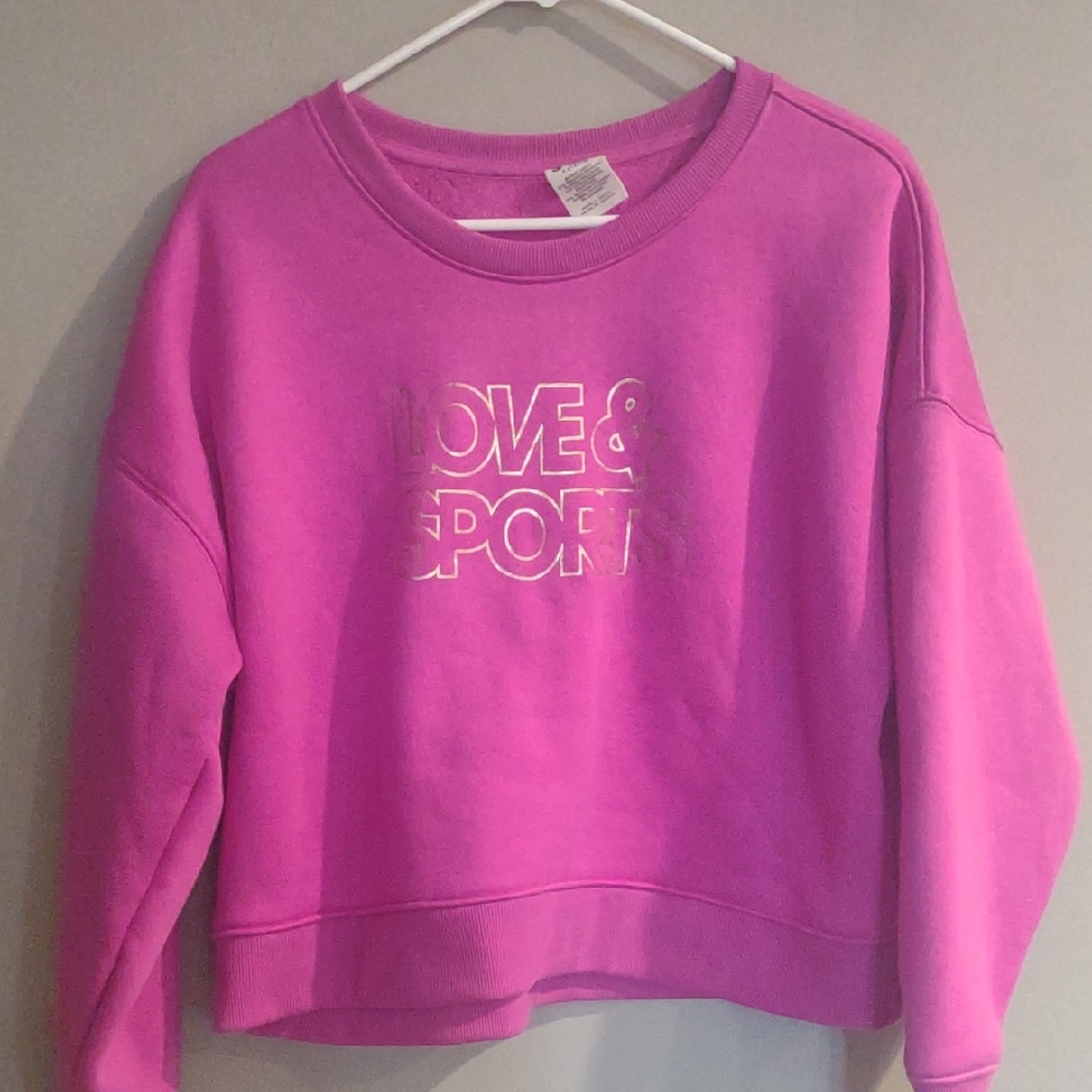 Love & Sports Women's Large Vibrant Purple‎ Crop Crew Neck Graphic Sweatshirt